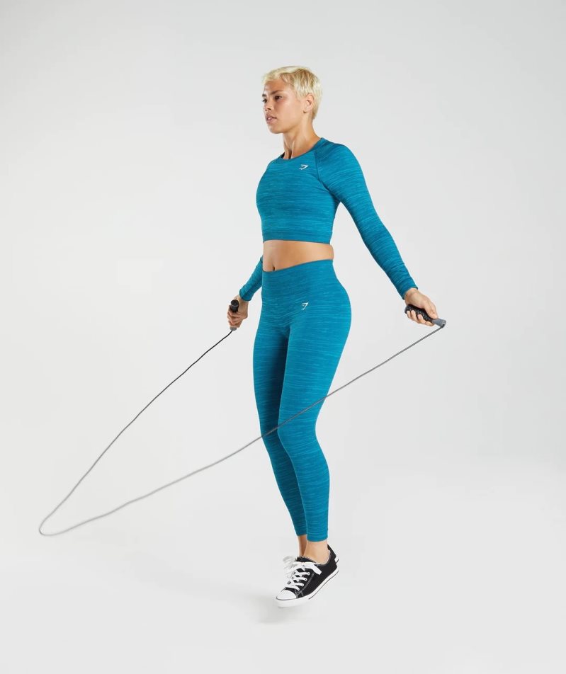 Women's Gymshark Adapt Marl Seamless Long Sleeve Cropped Tops Turquoise | NZ 0XDEFB